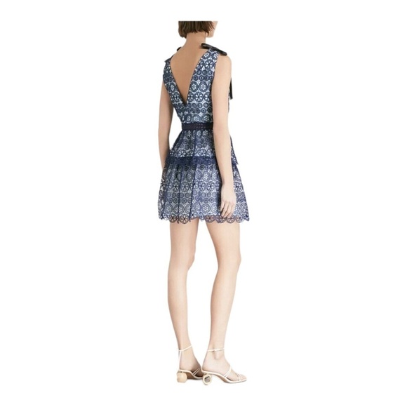 NWT SELF-PORTRAIT Blue Guipure Lace Tie Shoulder Tiered Mini Dress Size 00 - Picture 6 of 13